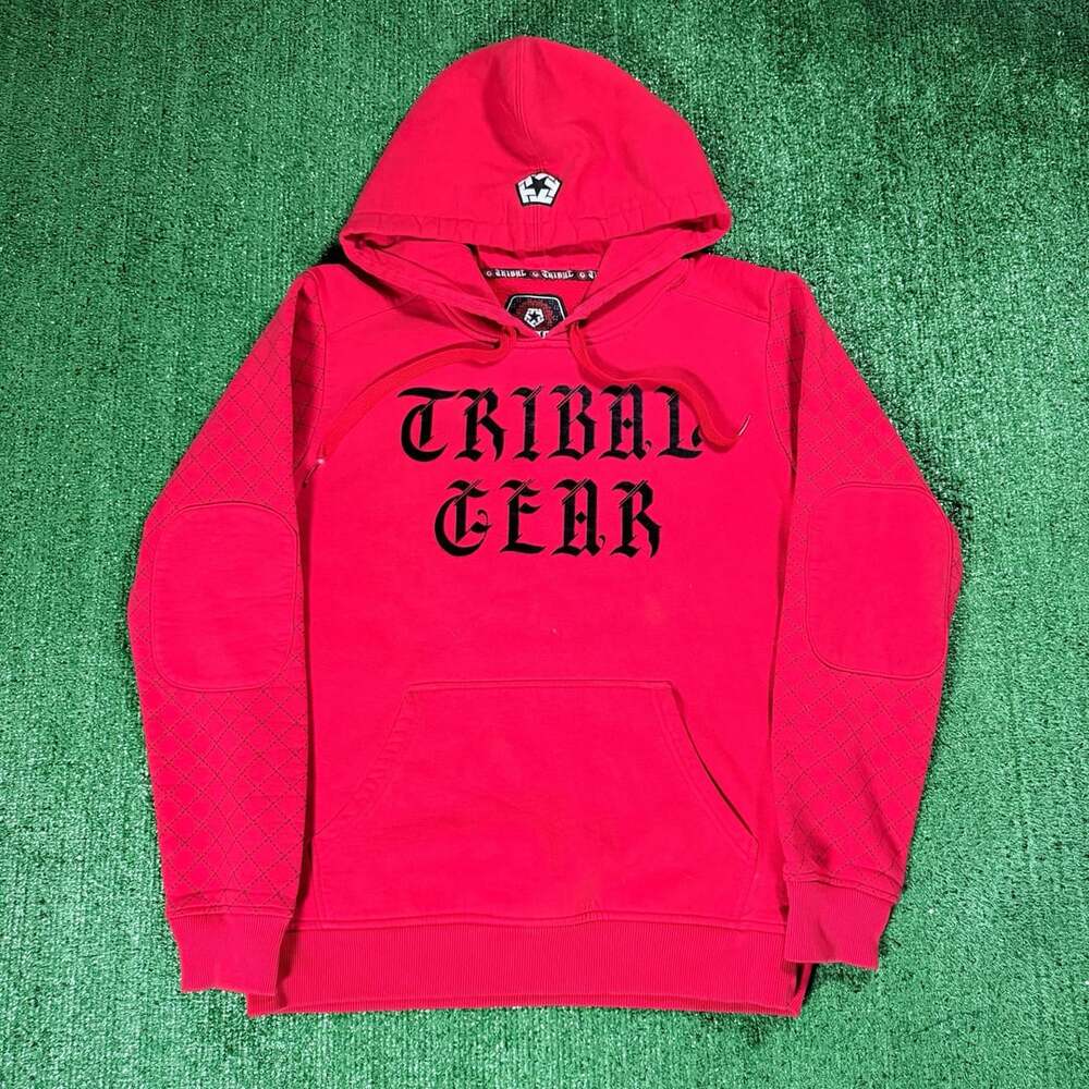 Y2K Tribal Gear Red Zip Up Graphic Hoodie Diamond Pattern Sleeves Large